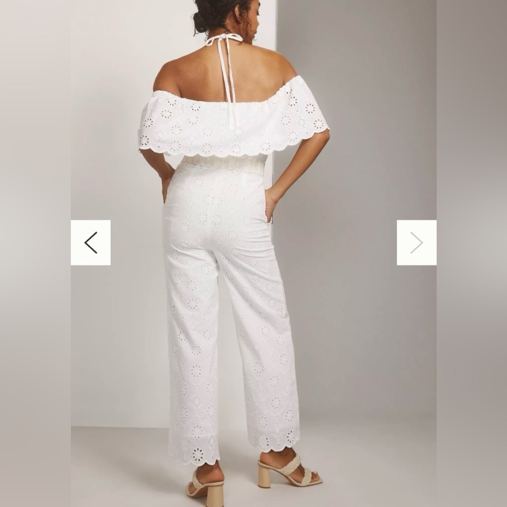 Maeve by Anthropologie Athena White Eyelet Off Shoulder Scallop Jumpsuit, Size 8
